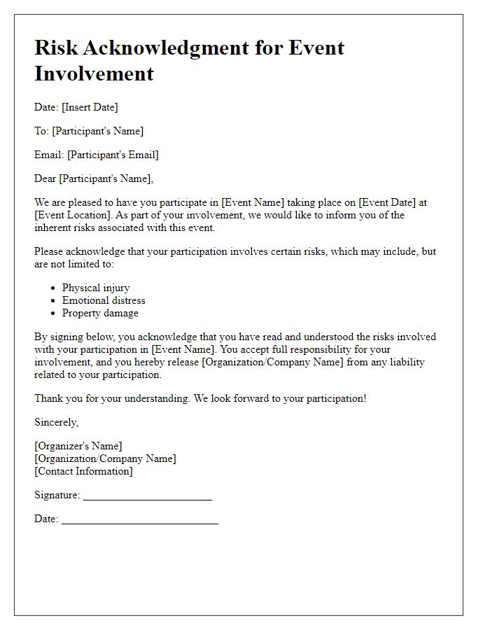 Letter template of risk acknowledgment for event involvement