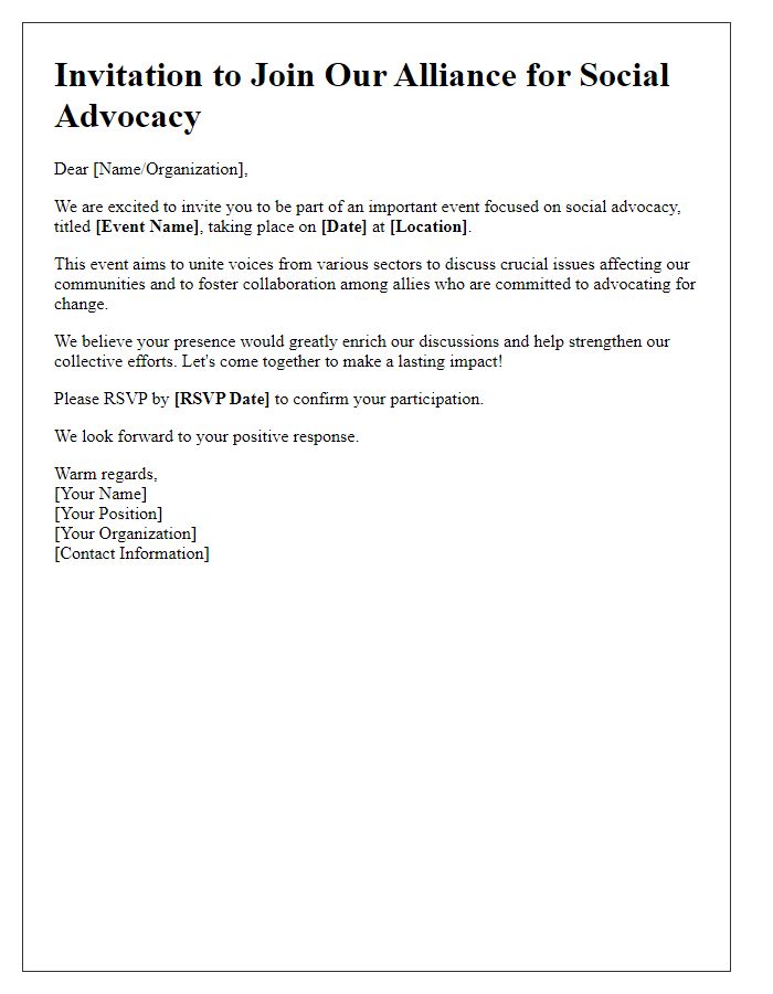 Letter template of alliance invitation for social advocacy event