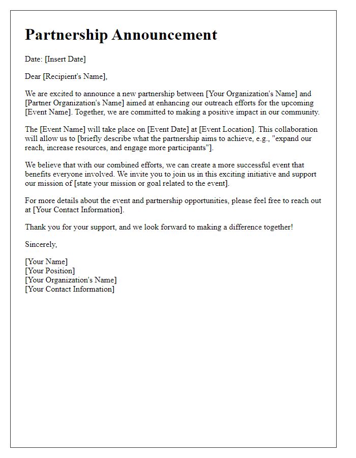 Letter template of partnership announcement for outreach event