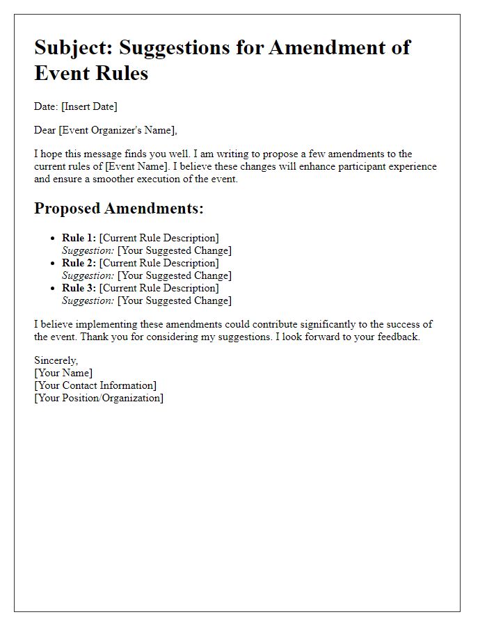 Letter template of amendment suggestions for event rules