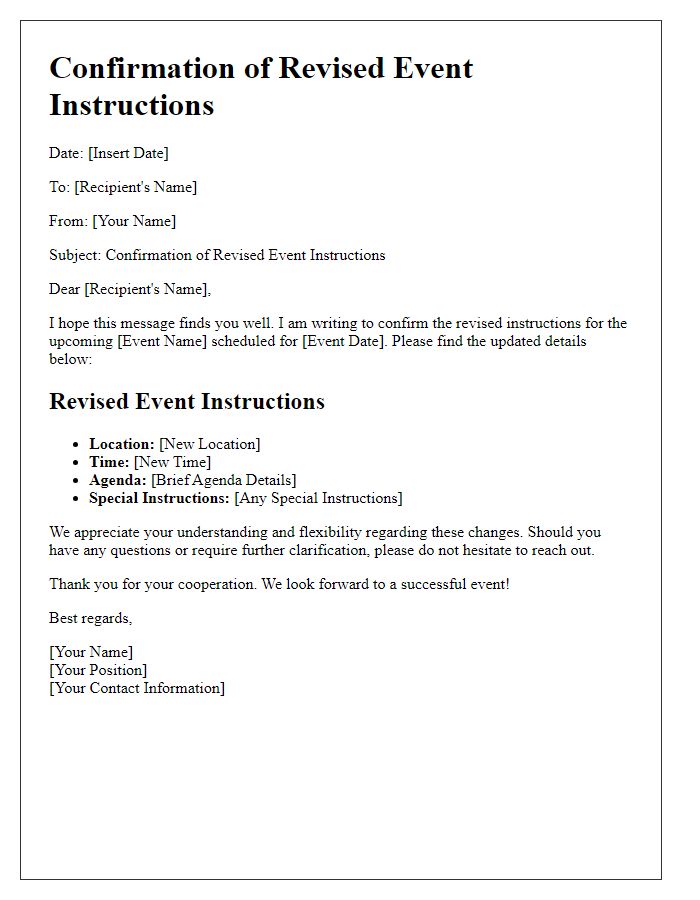 Letter template of confirmation of revised event instructions