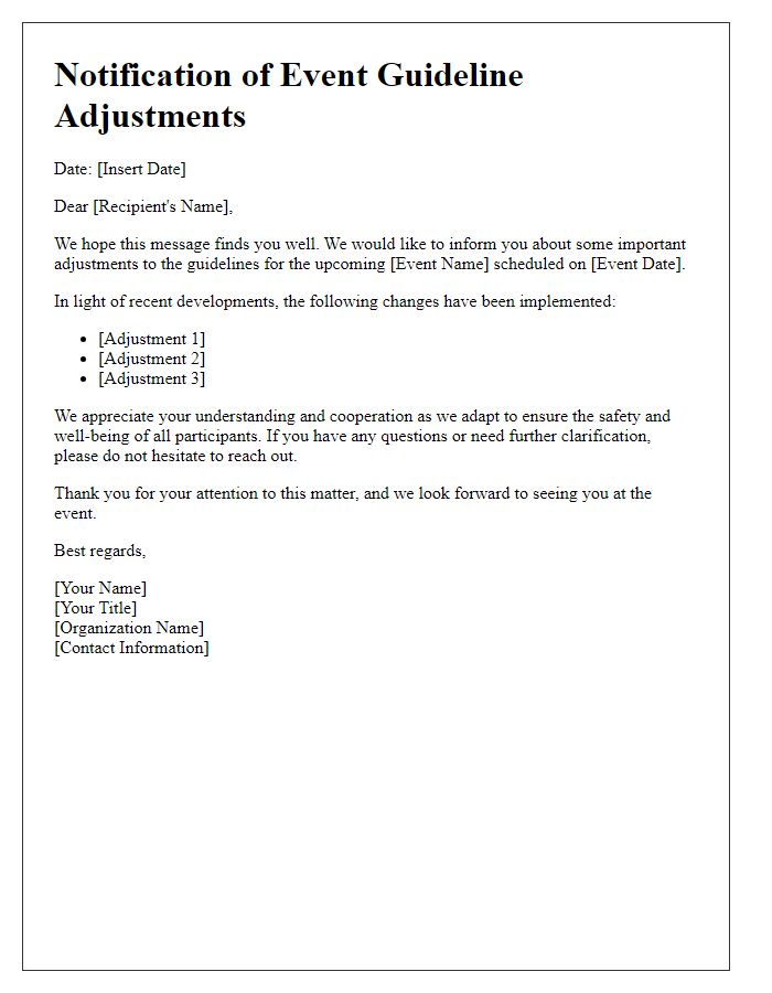 Letter template of notification for event guideline adjustments