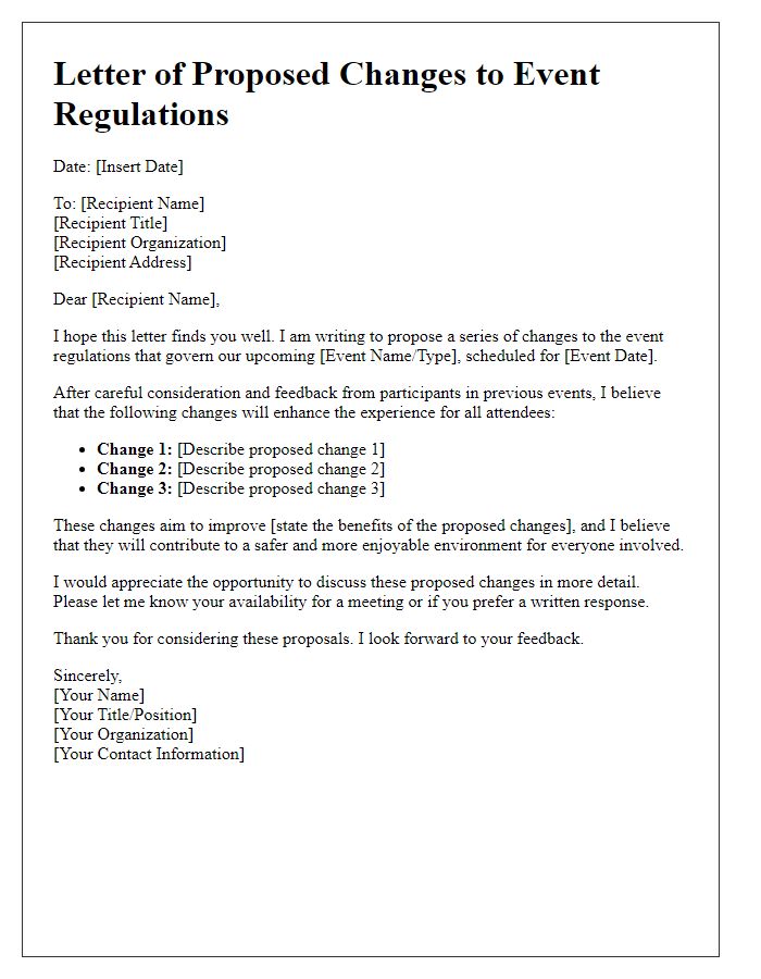 Letter template of proposed changes to event regulations