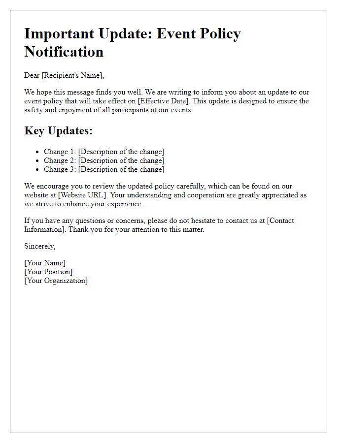 Letter template of updated event policy notification