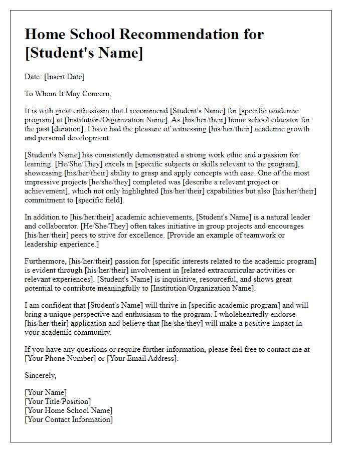 Letter template of Home School Recommendation for Academic Program