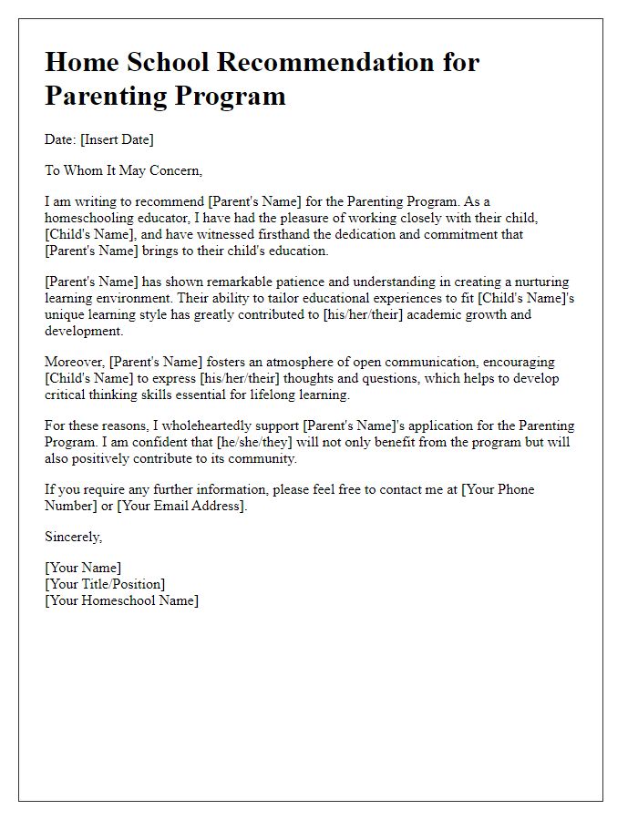 Letter template of Home School Recommendation for Parenting Program