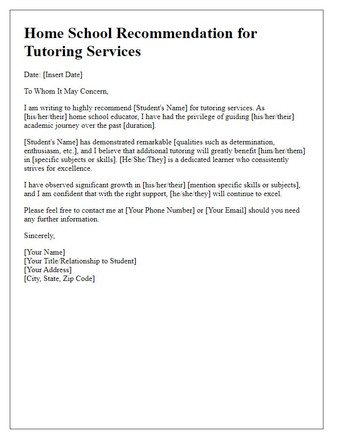 Letter template of Home School Recommendation for Tutoring Services