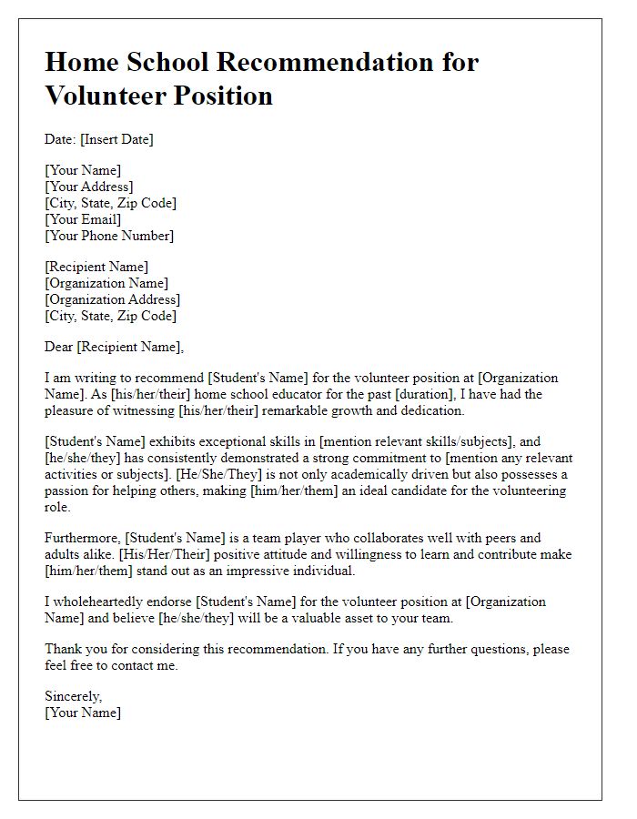 Letter template of Home School Recommendation for Volunteer Position