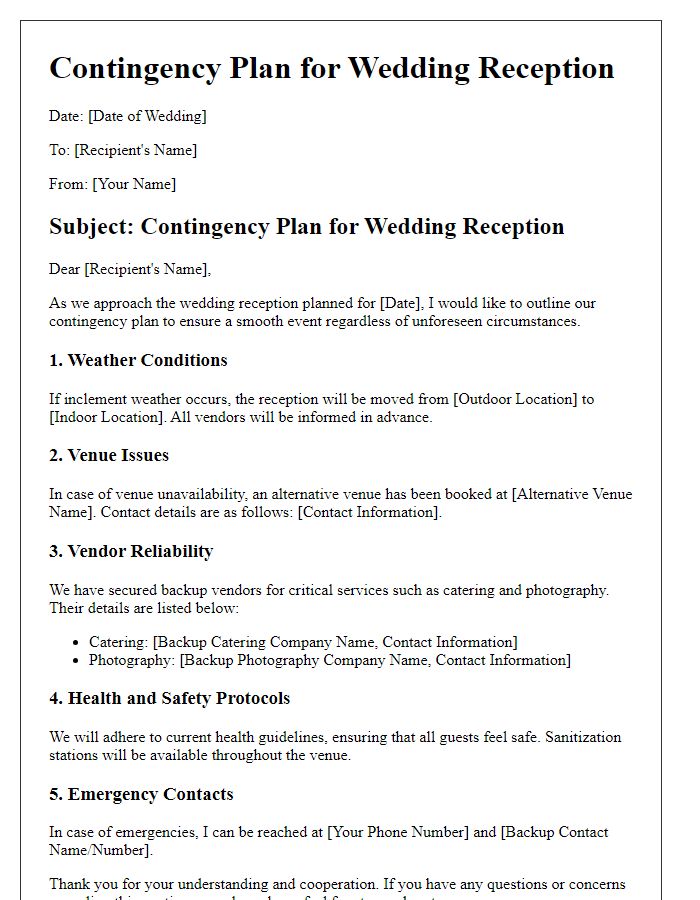 Letter template of contingency plan for wedding receptions