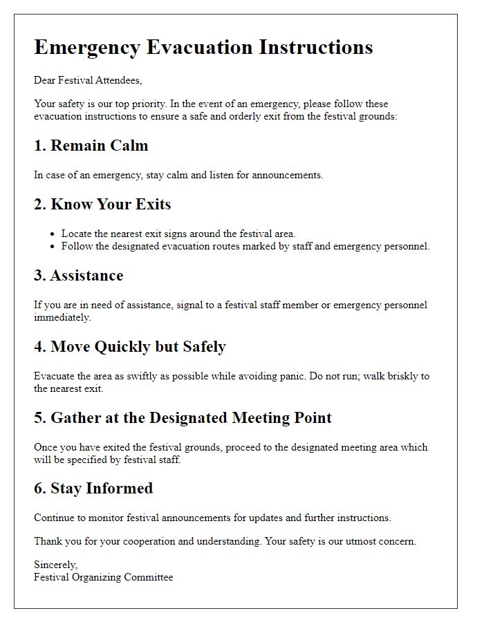 Letter template of emergency evacuation instructions for outdoor festivals