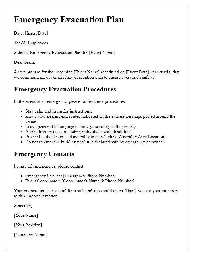 Letter template of emergency evacuation plan for corporate events