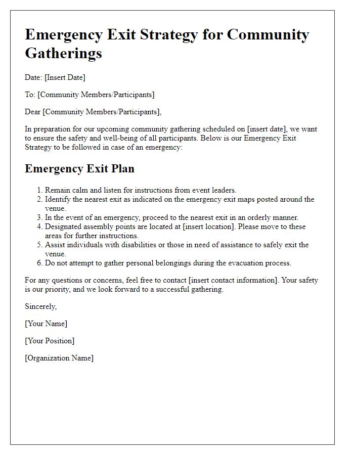 Letter template of emergency exit strategy for community gatherings