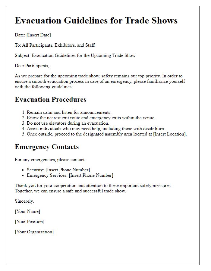 Letter template of evacuation guidelines for trade shows