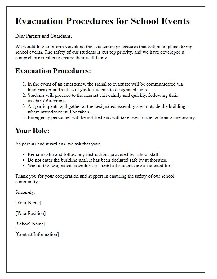 Letter template of evacuation procedures for school events