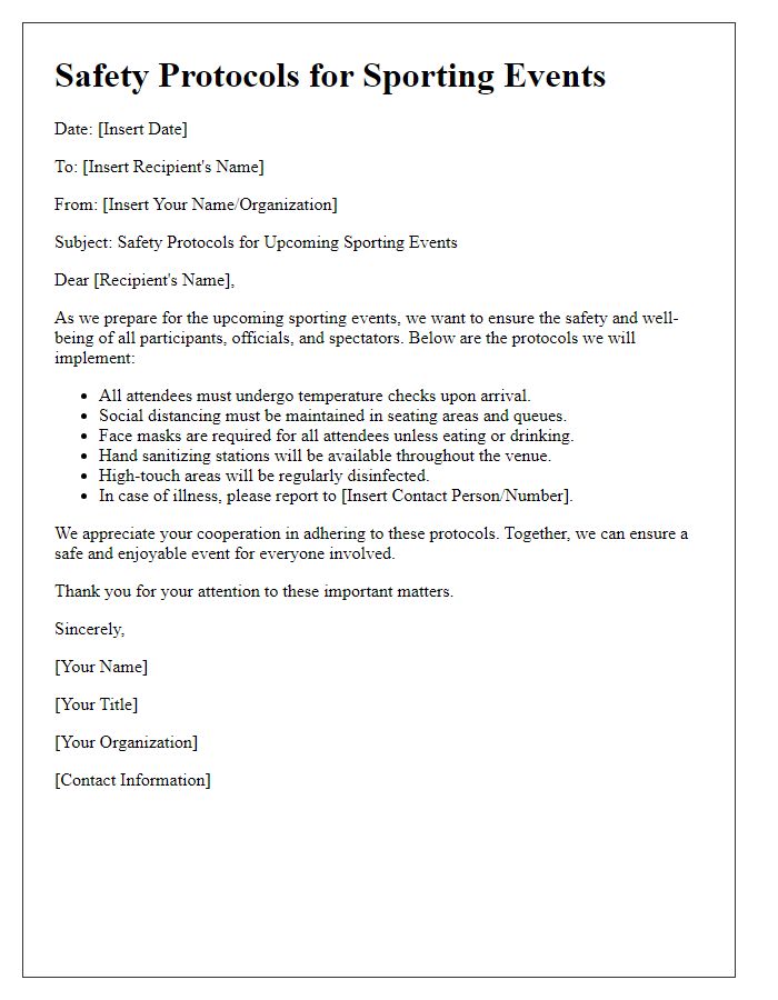 Letter template of safety protocols for sporting events