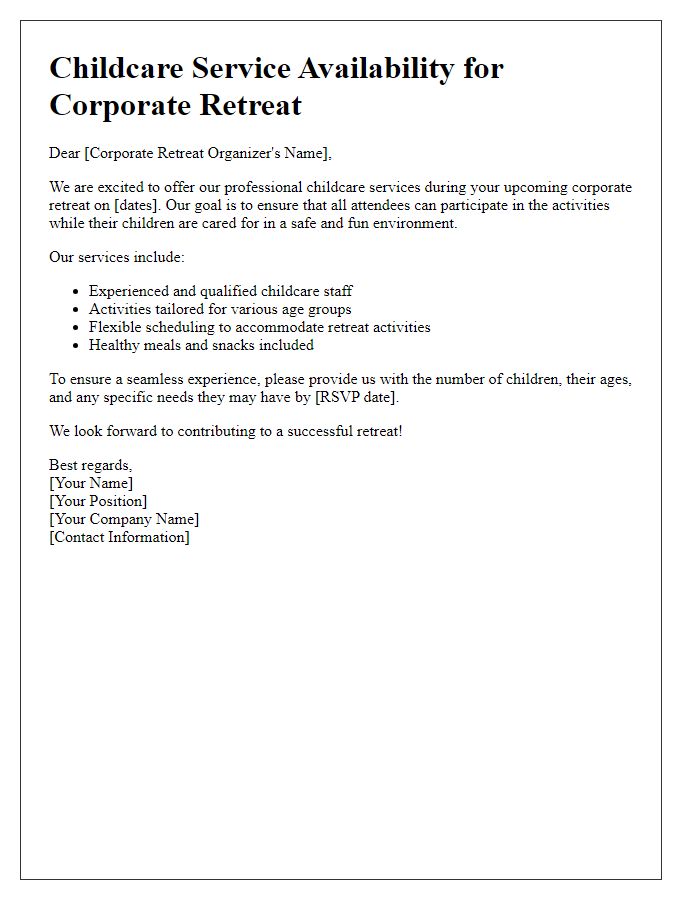 Letter template of childcare service for corporate retreats.