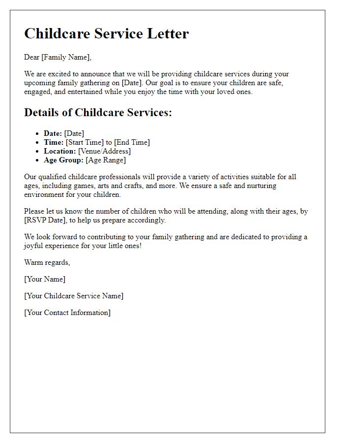 Letter template of childcare service for family gatherings.