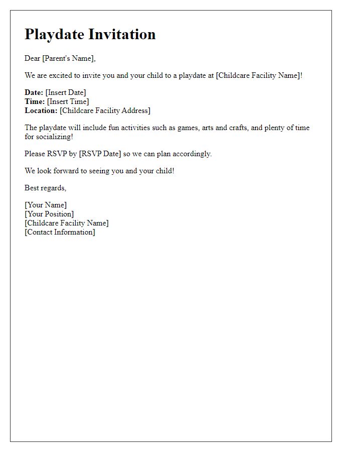 Letter template of childcare service for playdates.