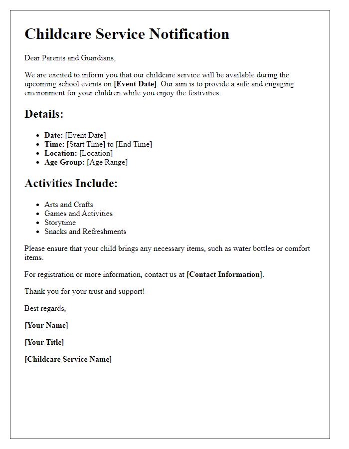 Letter template of childcare service for school events.