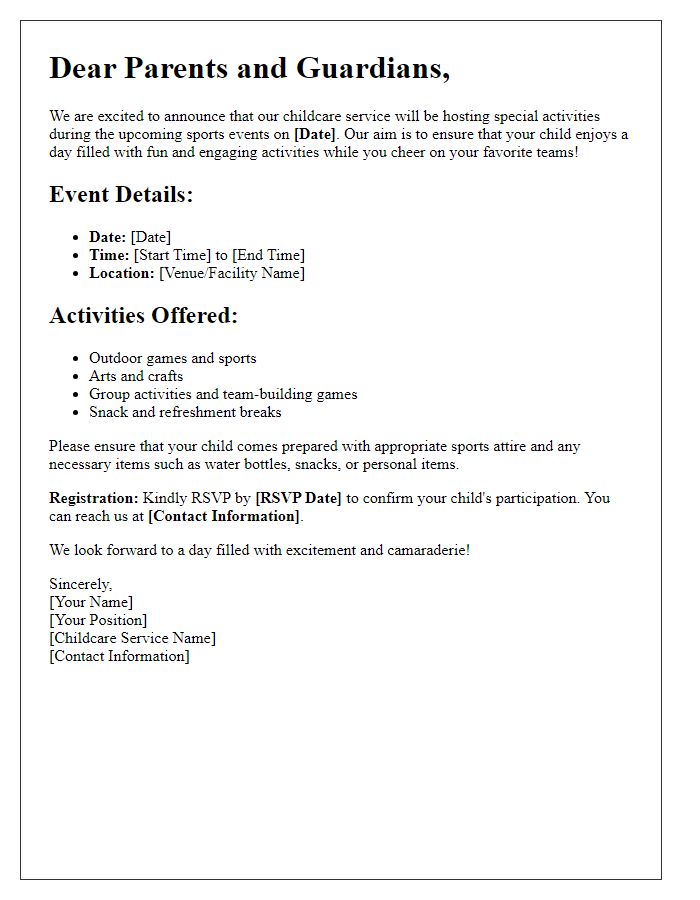 Letter template of childcare service for sports events.