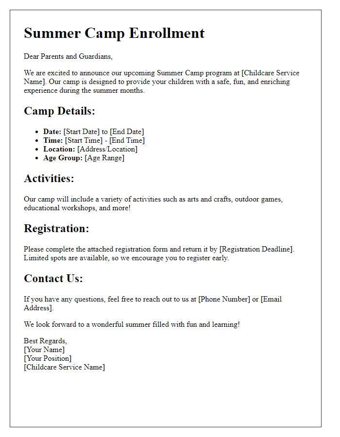 Letter template of childcare service for summer camps.