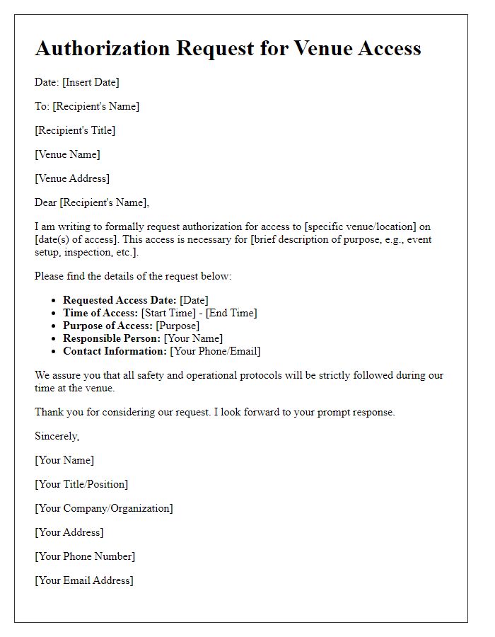 Letter template of authorization request for venue access