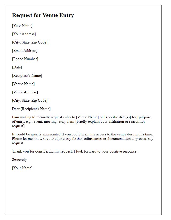 Letter template of formal request for venue entry