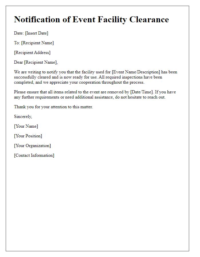 Letter template of notification for event facility clearance