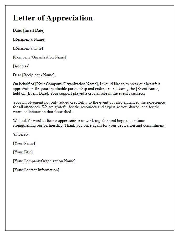 Letter template of appreciation for event partnership endorsement