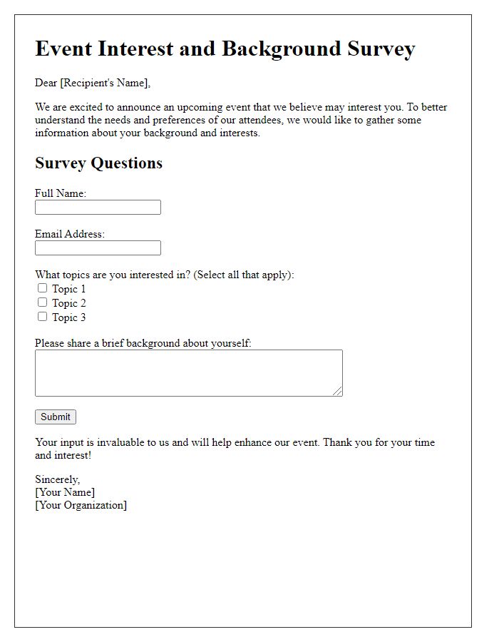 Letter template of event interest and background survey