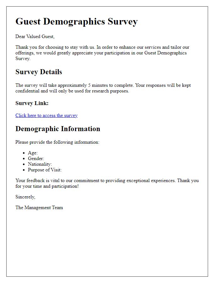 Letter template of guest demographics survey