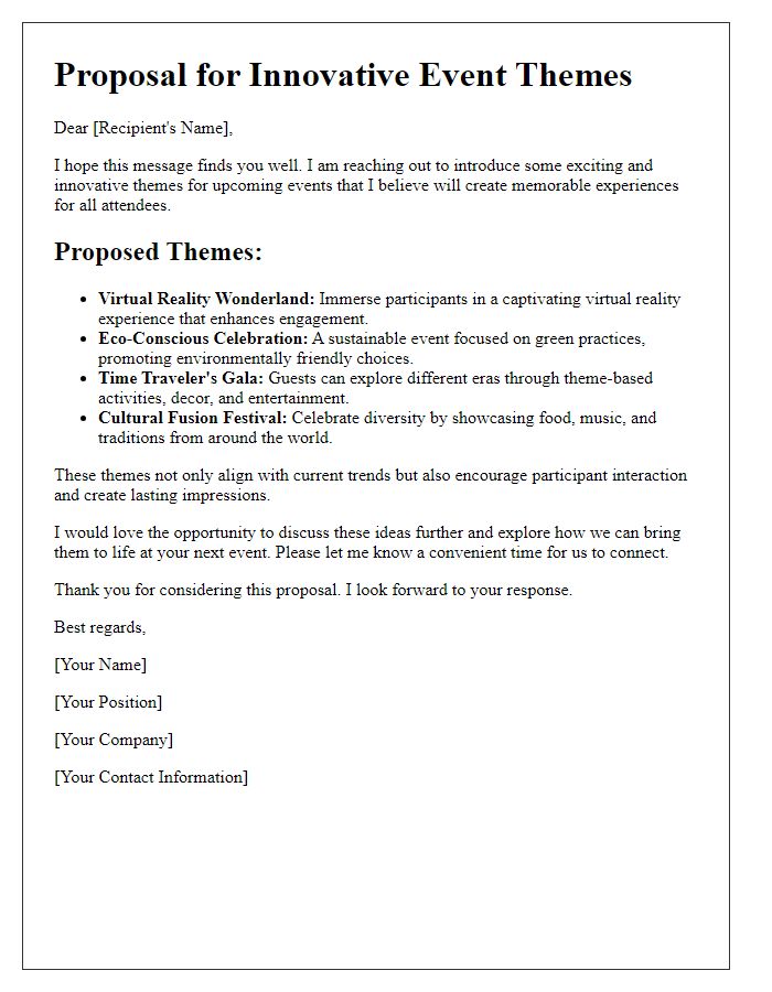 Letter template of pitch for innovative event themes.