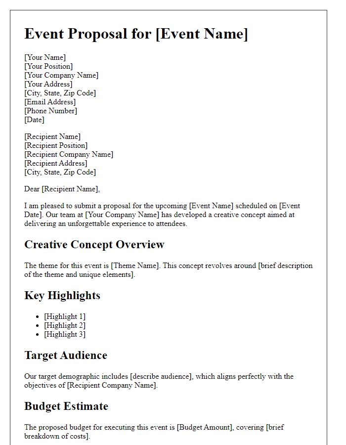 Letter template of proposal for event creative concept.