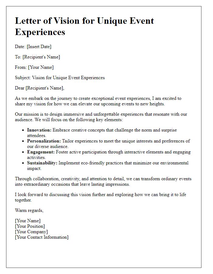 Letter template of vision for unique event experiences.