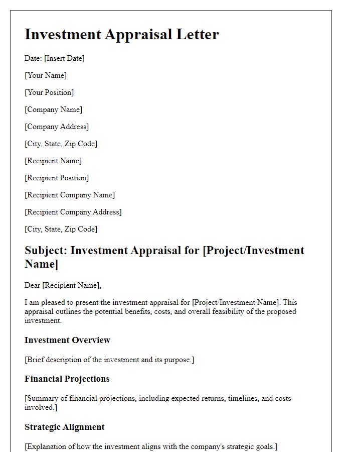 Letter template of Business Owner Investment Appraisal