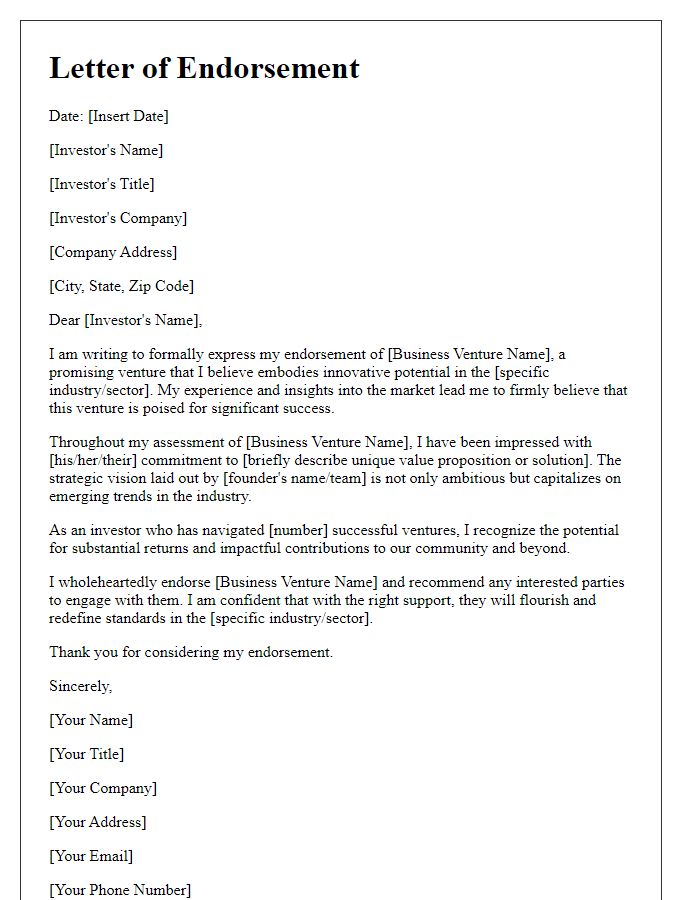 Letter template of Business Venture Investor Endorsement