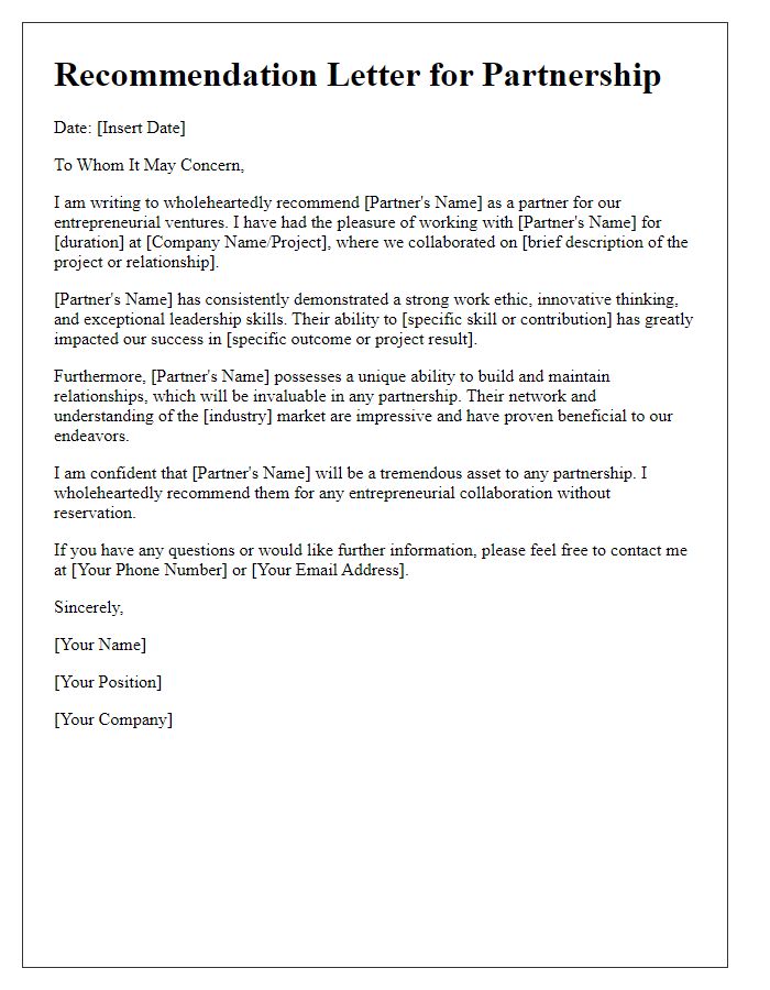 Letter template of Entrepreneurial Partnership Recommendation Letter