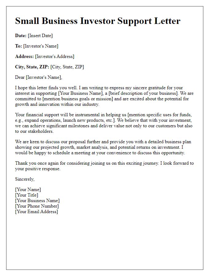 Letter template of Small Business Investor Support Letter