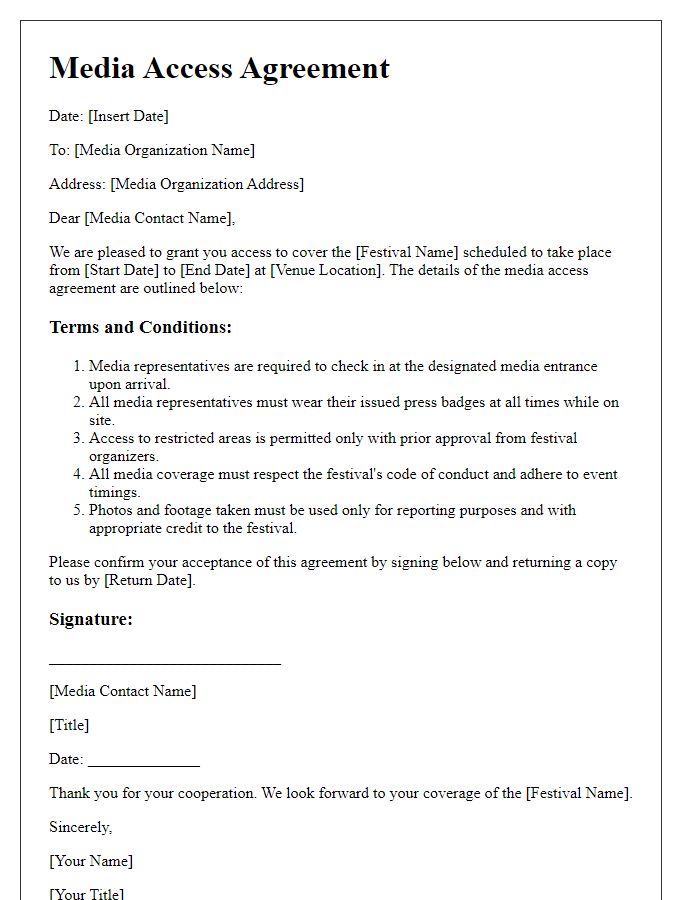 Letter template of media access agreement for festival events