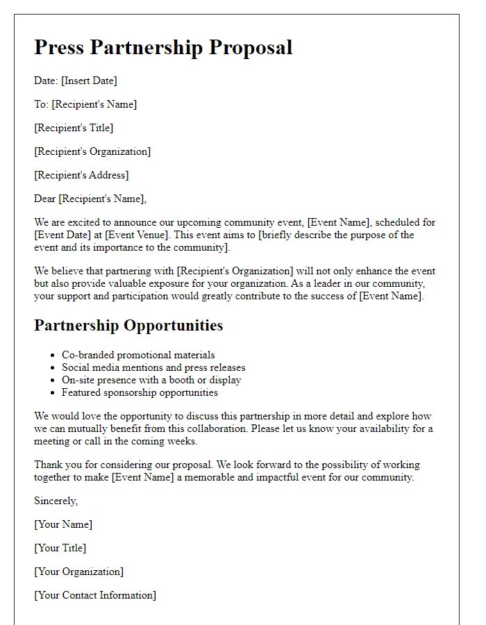 Letter template of press partnership outline for community event