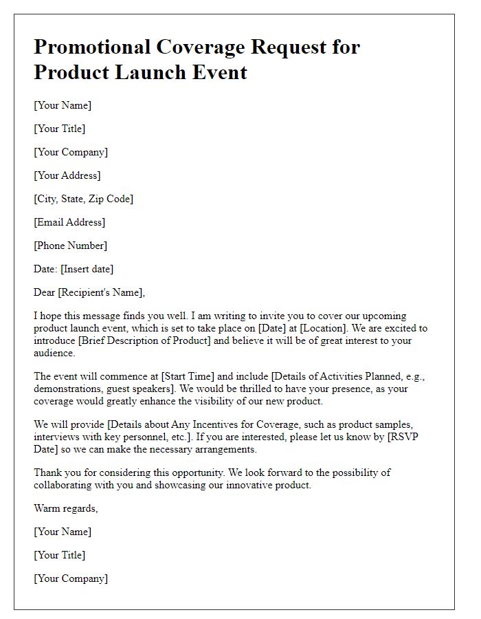 Letter template of promotional coverage request for product launch event