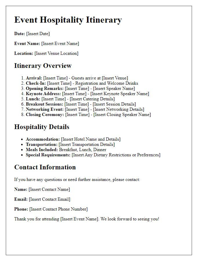 Letter template of comprehensive event hospitality itinerary