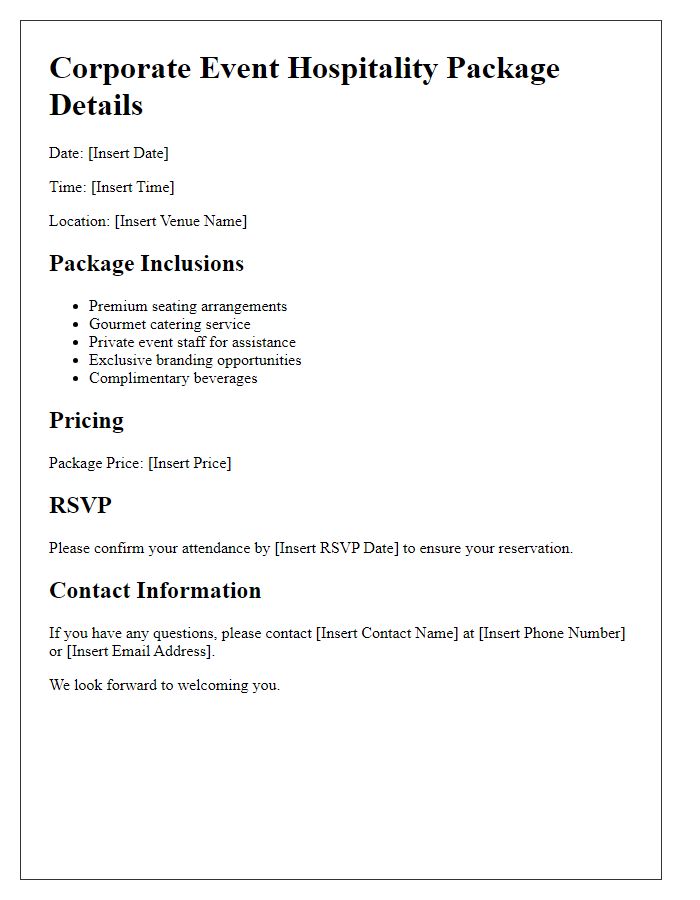 Letter template of corporate event hospitality package details