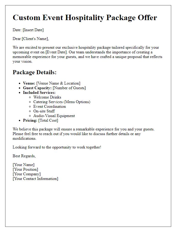 Letter template of custom event hospitality package offer