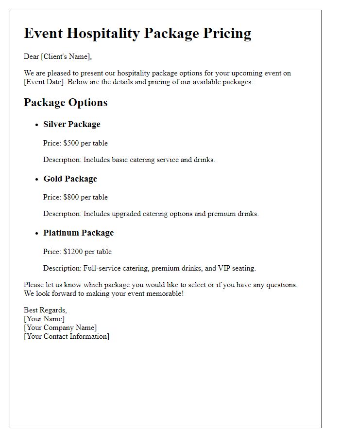 Letter template of event hospitality package pricing