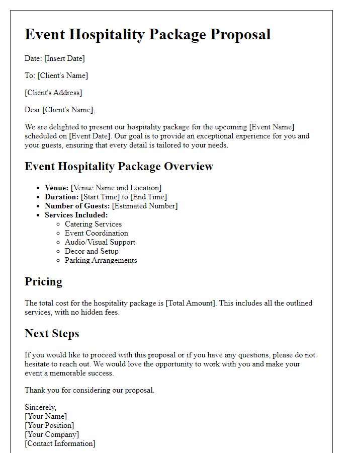 Letter template of event hospitality package proposal