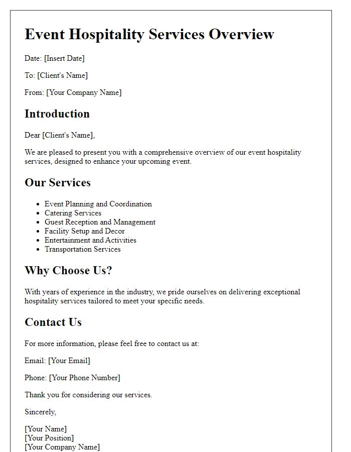 Letter template of event hospitality services overview