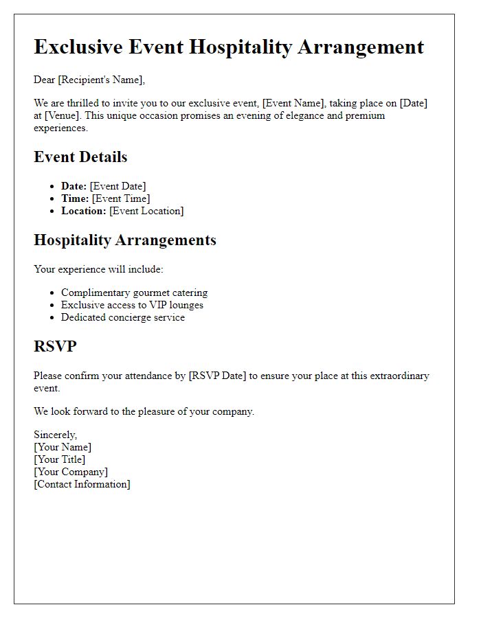 Letter template of exclusive event hospitality arrangements