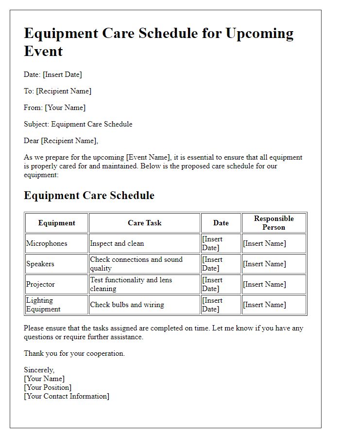 Letter template of equipment care schedule for event management