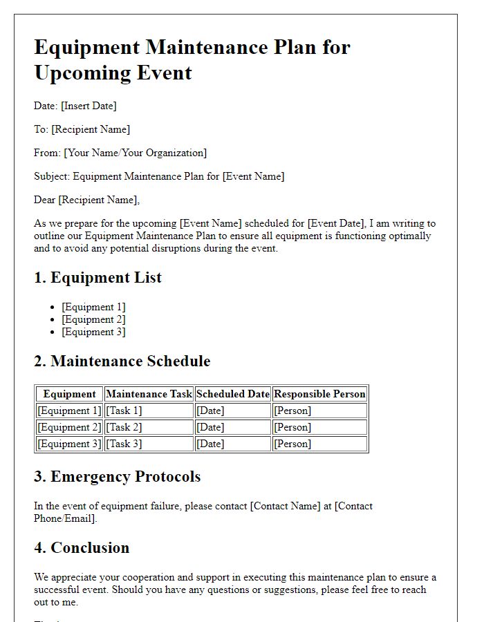 Letter template of equipment maintenance plan for upcoming event